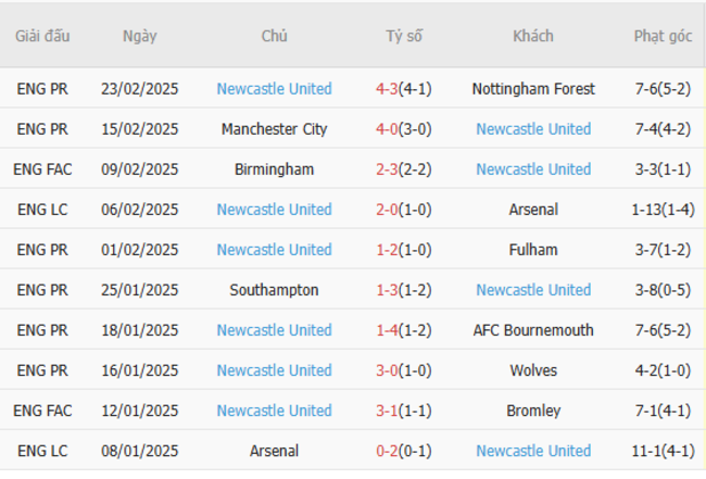 Phong độ gần đây của Newcastle